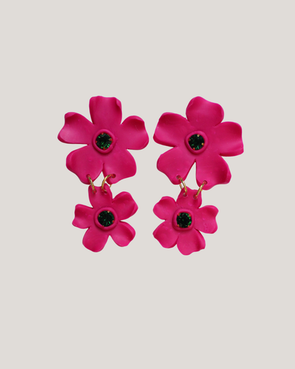 AROS DOBLE FLOR FUCSIA PIEDRA VERDE