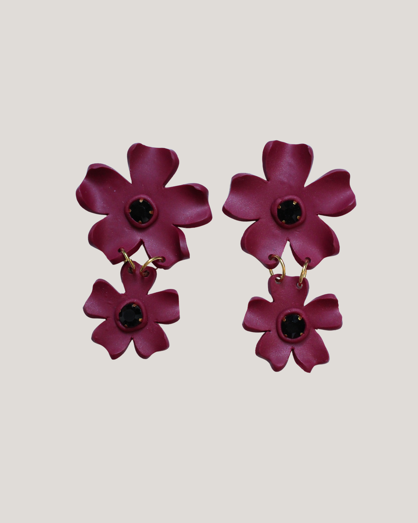 AROS DOBLE FLOR BURDEO PIEDRA NEGRA