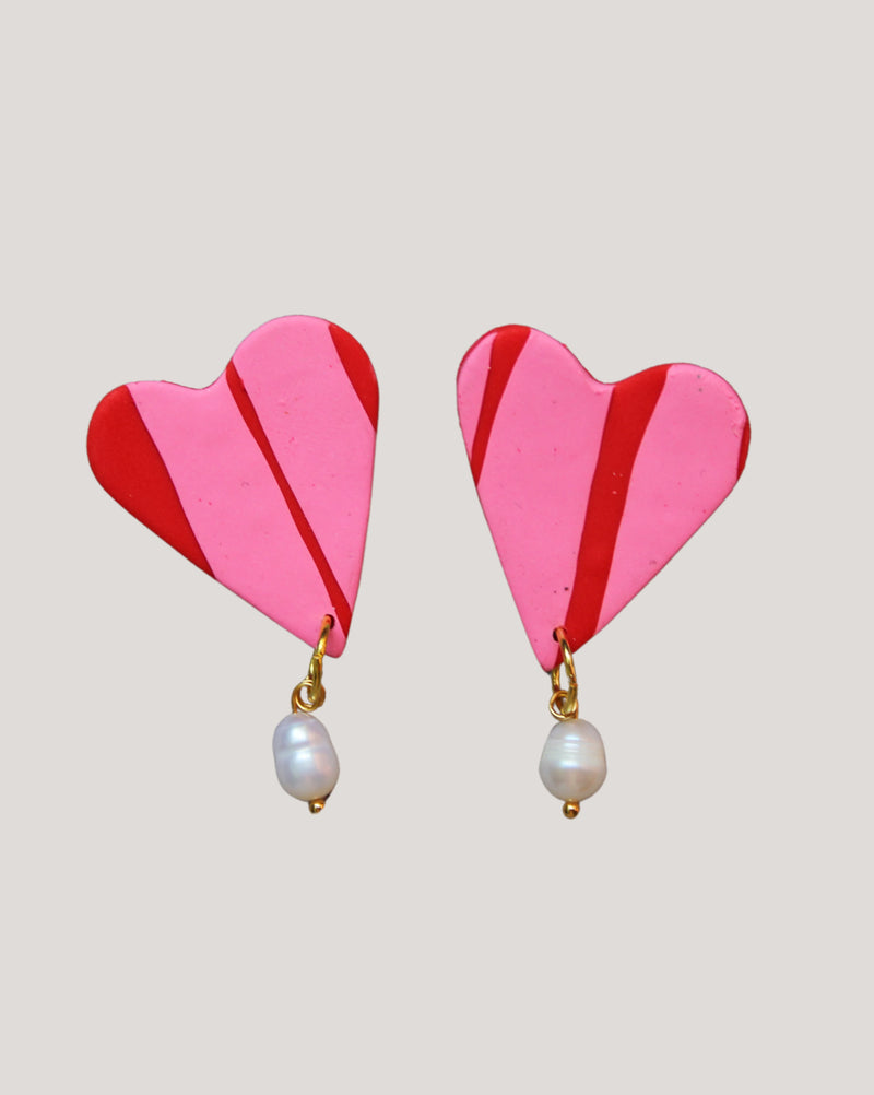 AROS CORAZÓN ROSADO ROJO CON PERLA