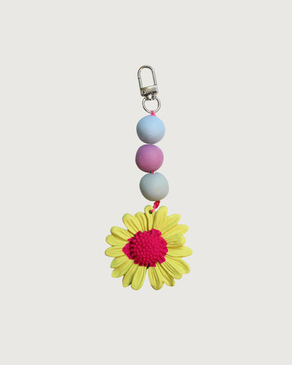 LLAVERO FLOR PELOTAS AMARILLO FUCSIA