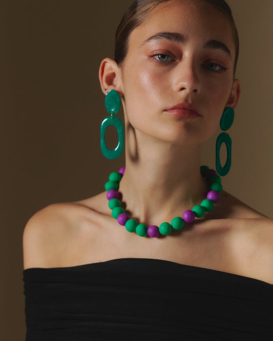 AROS AMBRA + COLLAR DUO VERDE MORADO